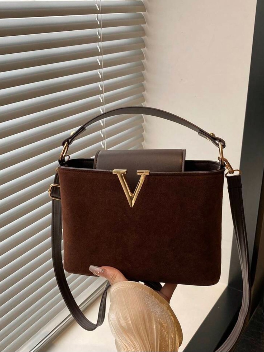 Dark Brown Suede Women's Shoulder Bag with Gold V Accent